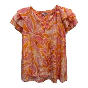 Nanette Lepore Top Womens Medium Floral Blouse Pink‎ Orange Ruffle Sleeve Sheer
